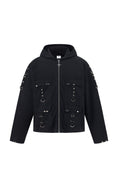 Load image into Gallery viewer, LERROI BLACK STUDDED HOODED WASHED DENIM JACKET BLACK