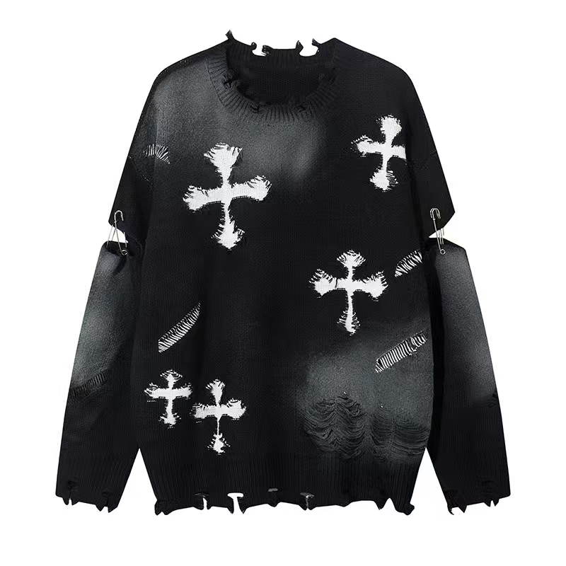BLACK DISTRESSED CROSS SWEATER
