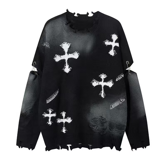 BLACK DISTRESSED CROSS SWEATER