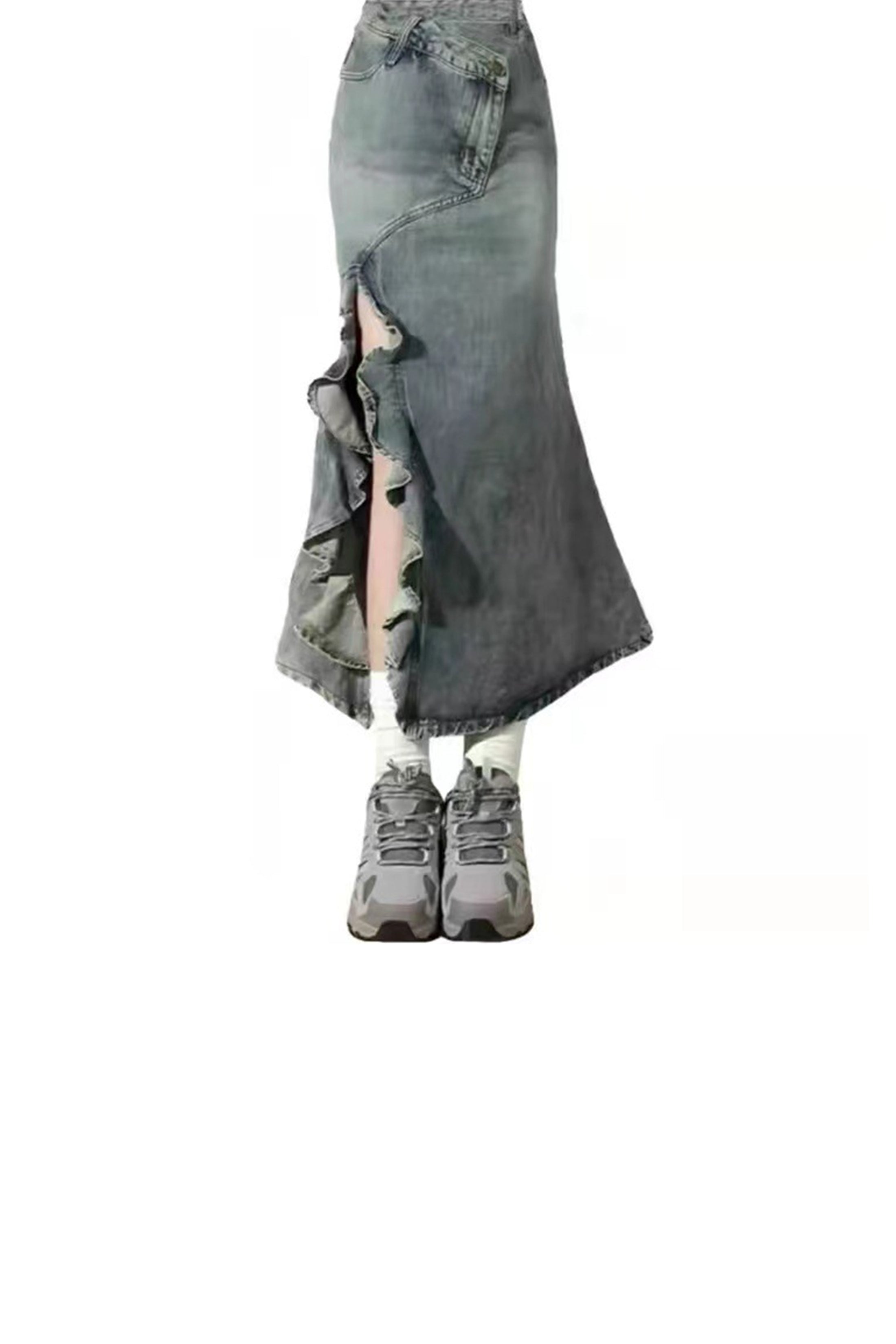 BLUE SPLIT HEM DENIM SKIRT BLUE