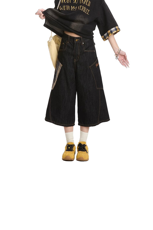 BLACK HERITAGE PLAID PATCHWORK CUTOFFS CAPRI PANT BLACK