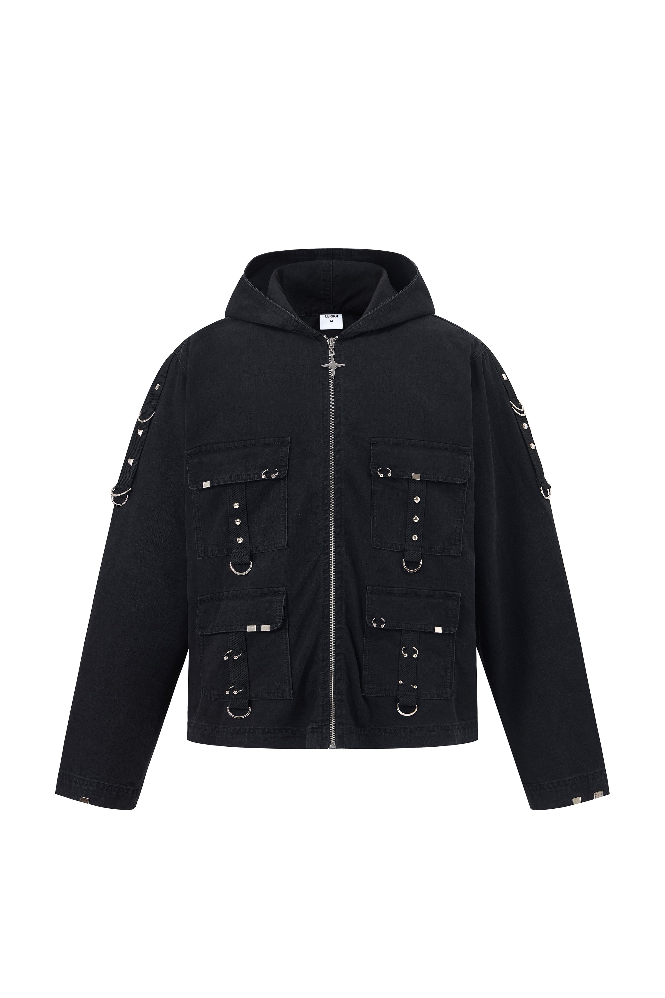 LERROI BLACK STUDDED HOODED WASHED DENIM JACKET BLACK