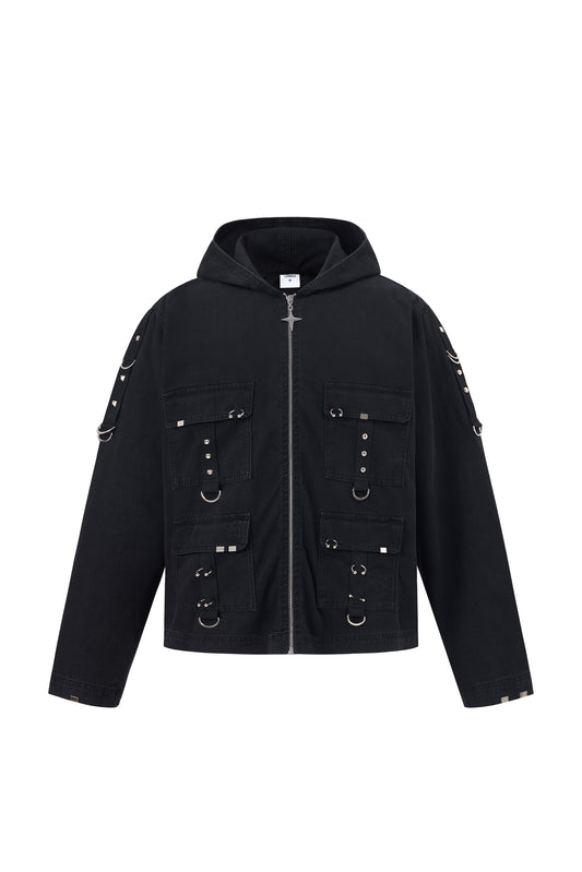 LERROI BLACK STUDDED HOODED WASHED DENIM JACKET BLACK