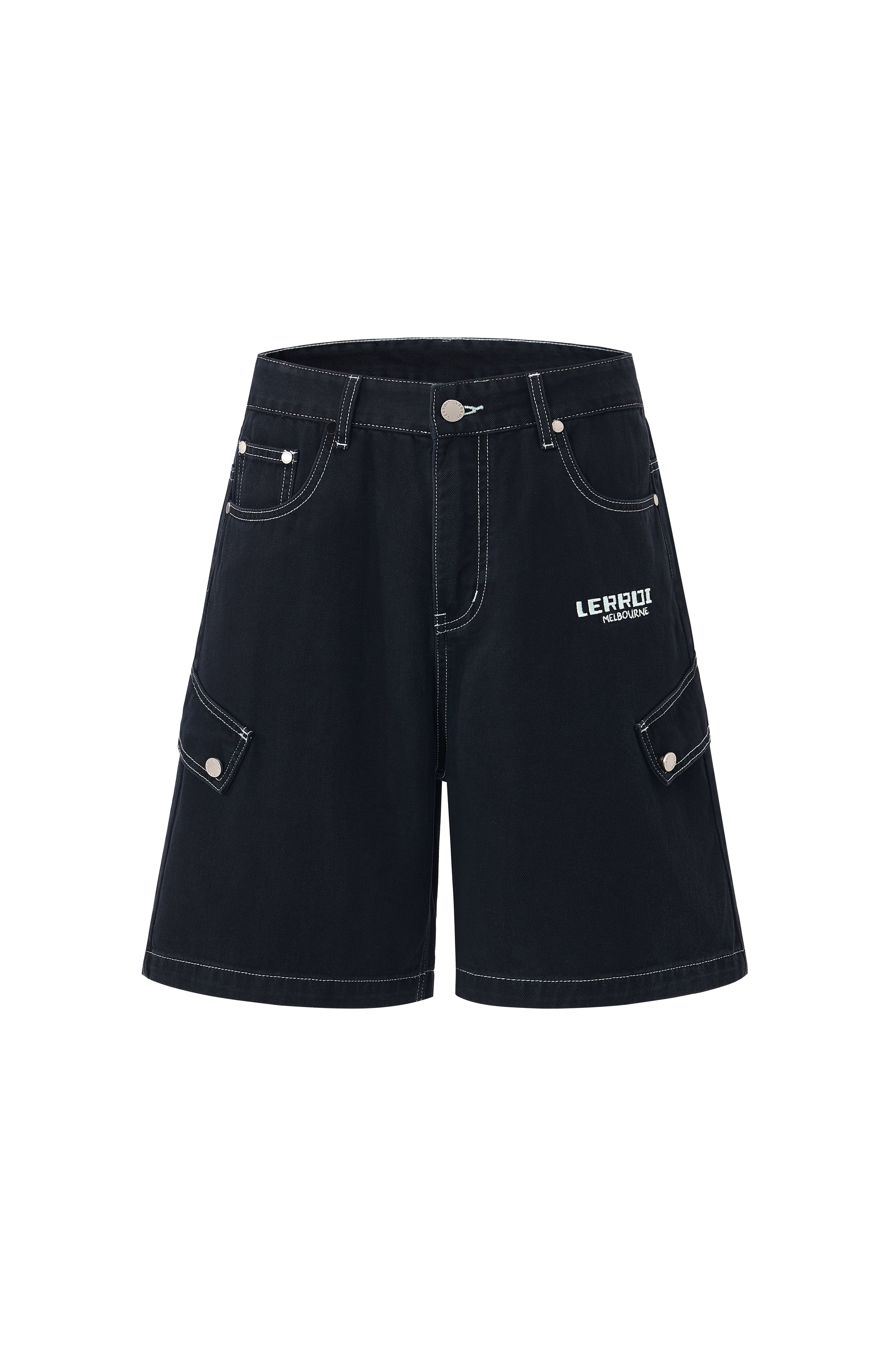LERROI BLACK CONTRAST STITCH DENIM CARGO SHORT BLACK