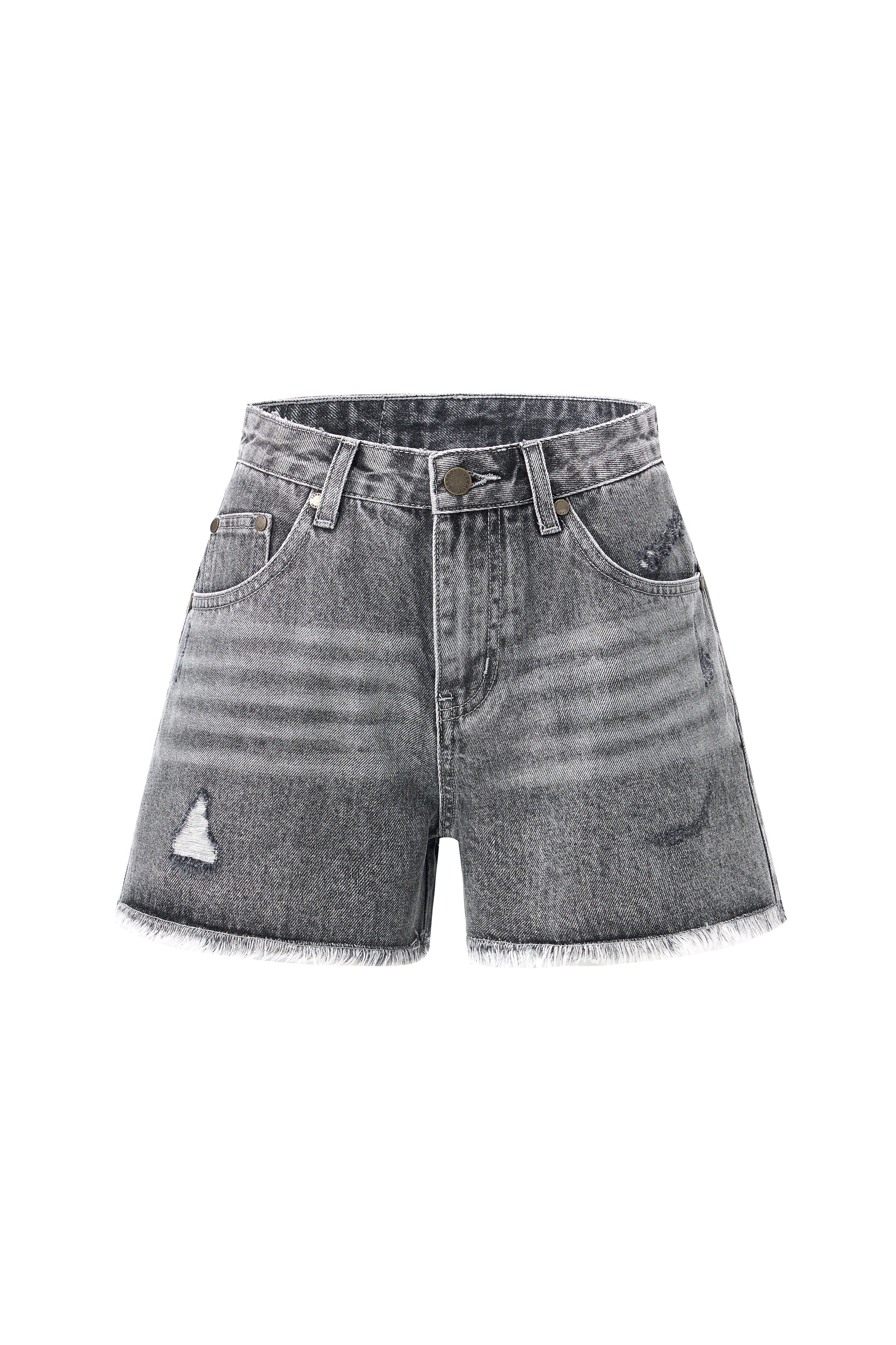 LERROI GREY FRAYED RIPPED DENIM SHORT GREY