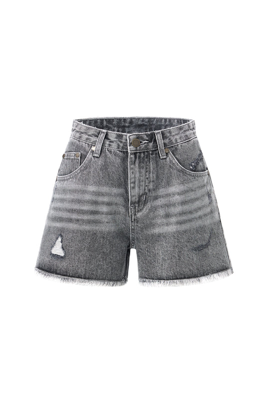 LERROI GREY FRAYED RIPPED DENIM SHORT GREY