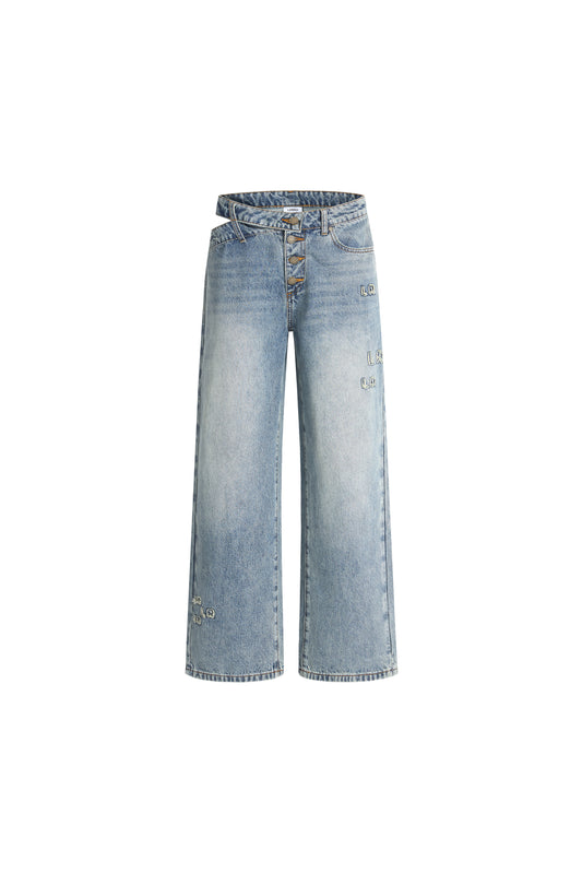 LERROI BLUE ASYMMETRICAL CUT-OUT DENIM PANTS BLUE