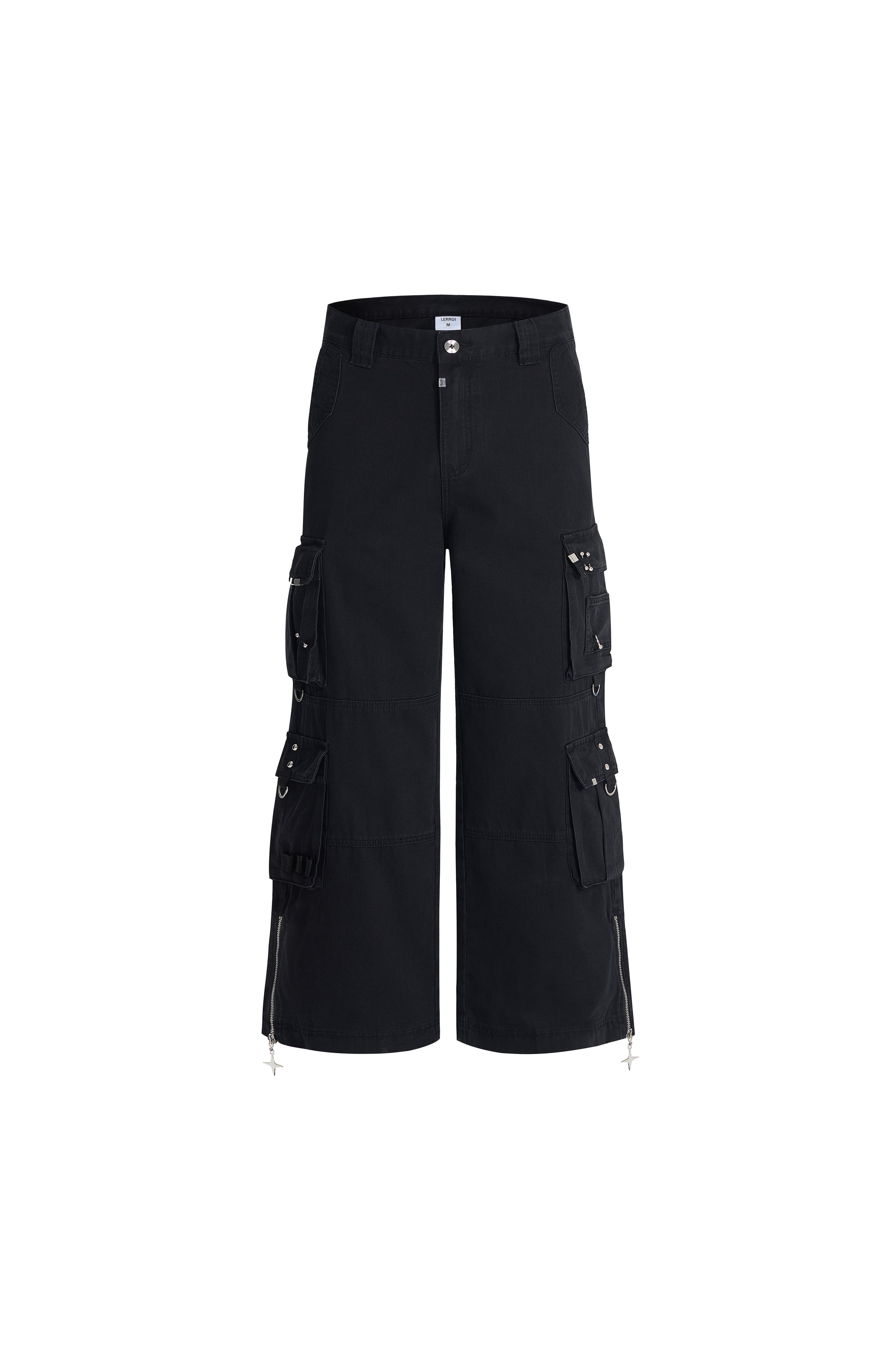 LERROI BLACK STUDDED WASHED CARGO DENIM PANTS BLACK