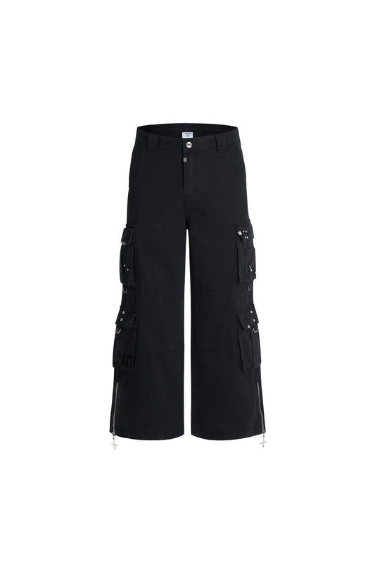 LERROI BLACK STUDDED WASHED CARGO DENIM PANTS BLACK