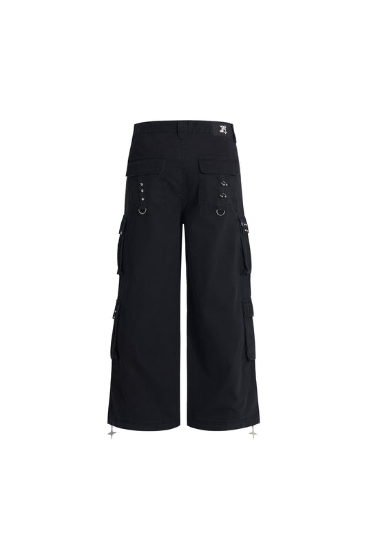 LERROI BLACK STUDDED WASHED CARGO DENIM PANTS BLACK