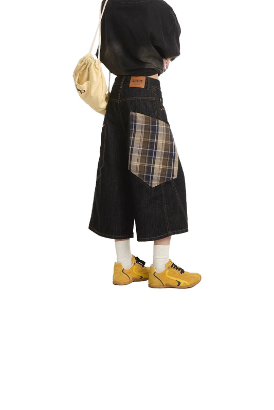 BLACK HERITAGE PLAID PATCHWORK CUTOFFS CAPRI PANT BLACK