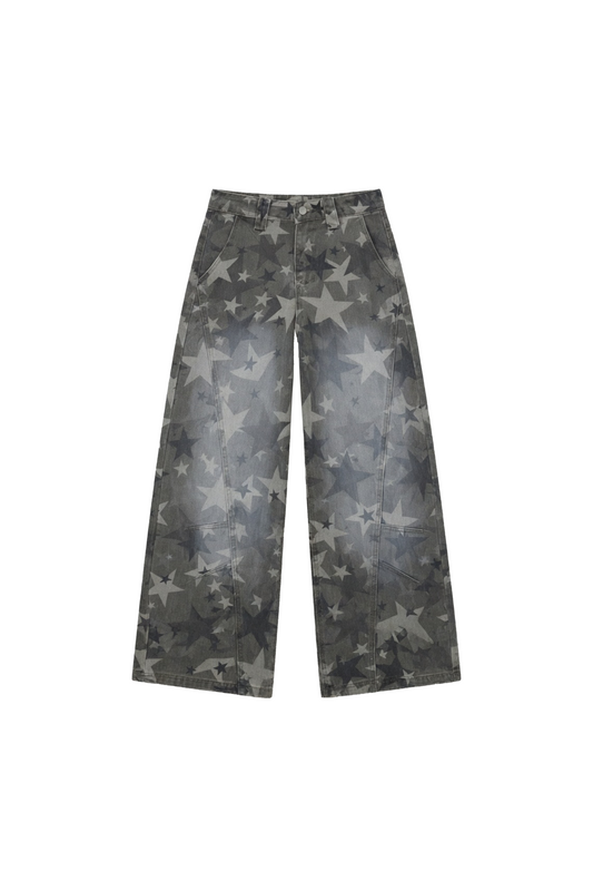 GREY WASHED STAR PATTERN DENIM PANTS GREY